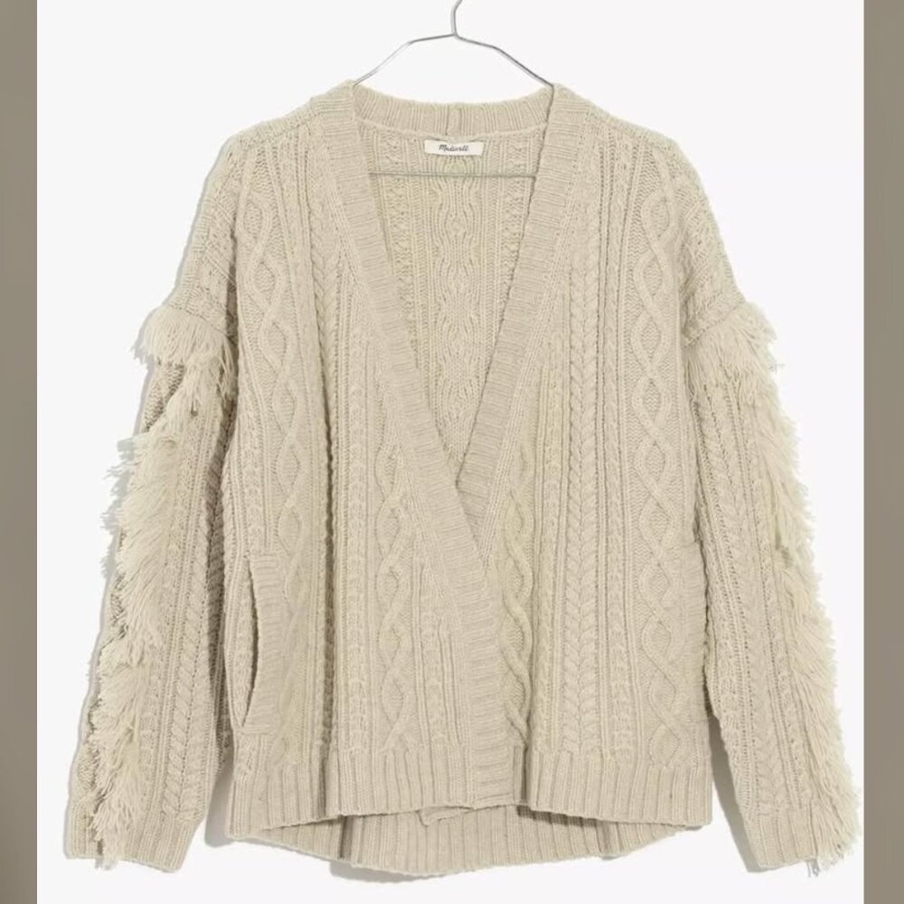 MADEWELL Cable Knit Merino Wool Fringe Western Boho Cardigan size XS